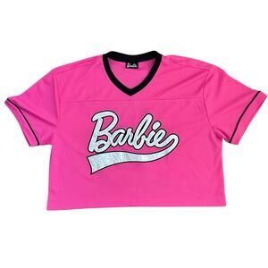 Barbie Malibu 59 Pink Crop Jersey Top Size M V-Neck Black Trim Retro Sporty